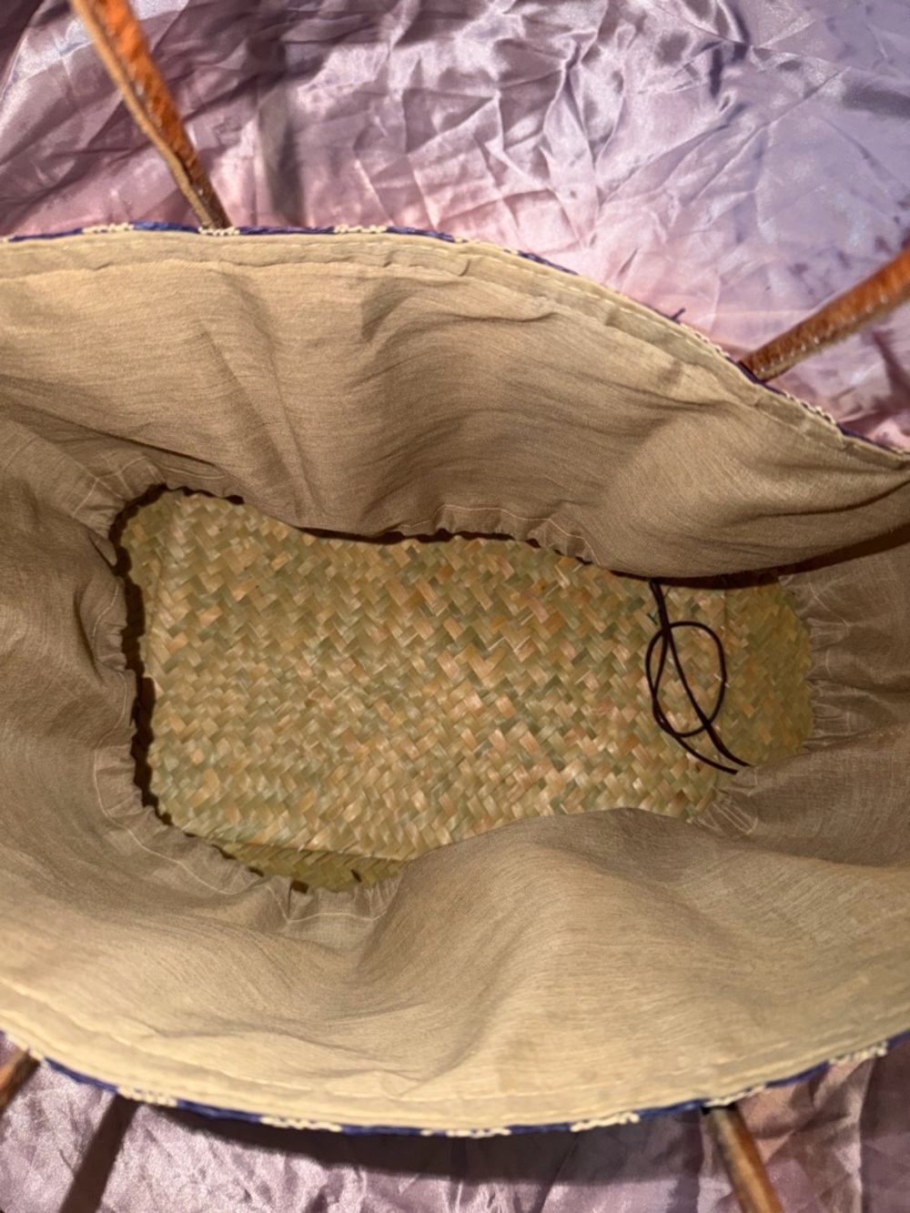 Wicker Striped Canvas Beach Bag with Leather Trim - Blue and Tan - Picture 3 of 3